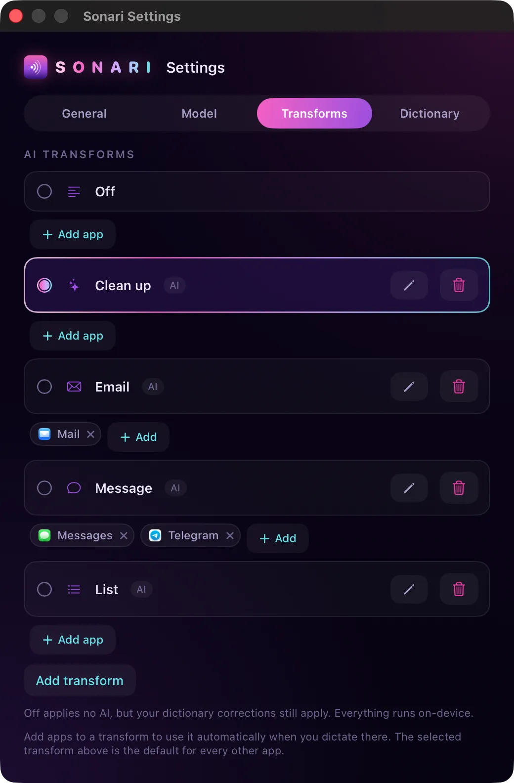 Sonari's transforms with apps mapped to them: Mail to Email, Messages and Telegram to Message