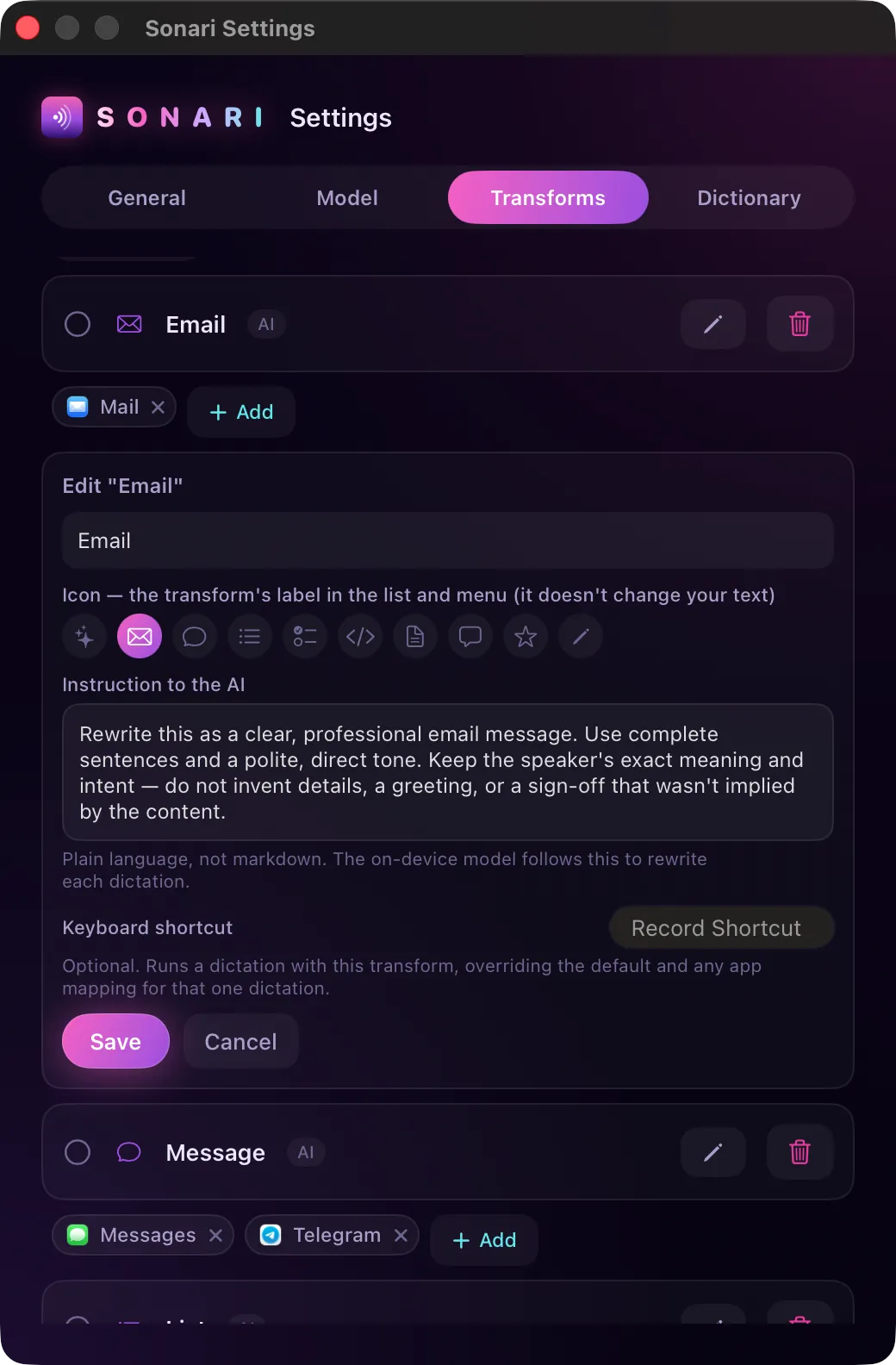 The Email transform's instruction to the on-device model, telling it to reshape the text without inventing details