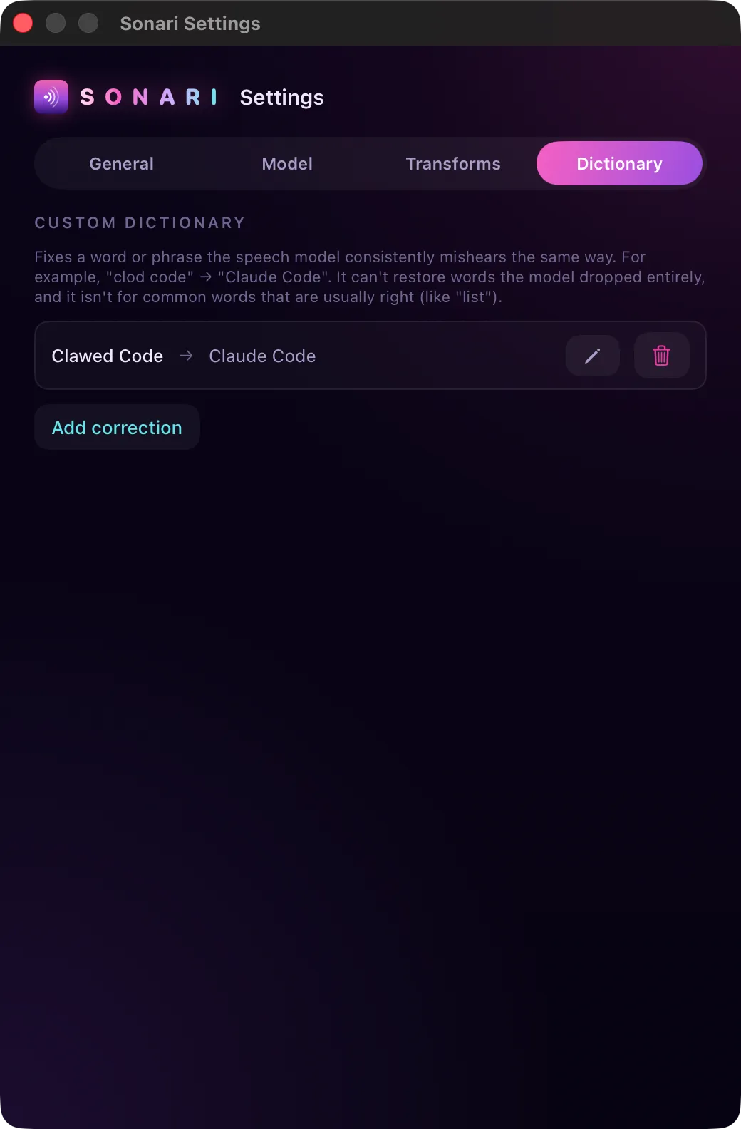 Sonari's custom dictionary correcting "Clawed Code" to "Claude Code"